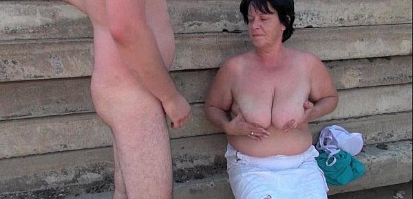  Ugly grandma with 1 inch nipples fucked outdoors